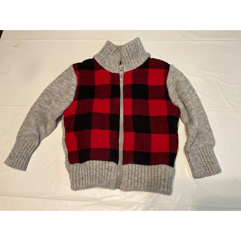 12 months Buffalo Plaid Fleece Lined Zip Up Jacket Sweater Grey Red Black